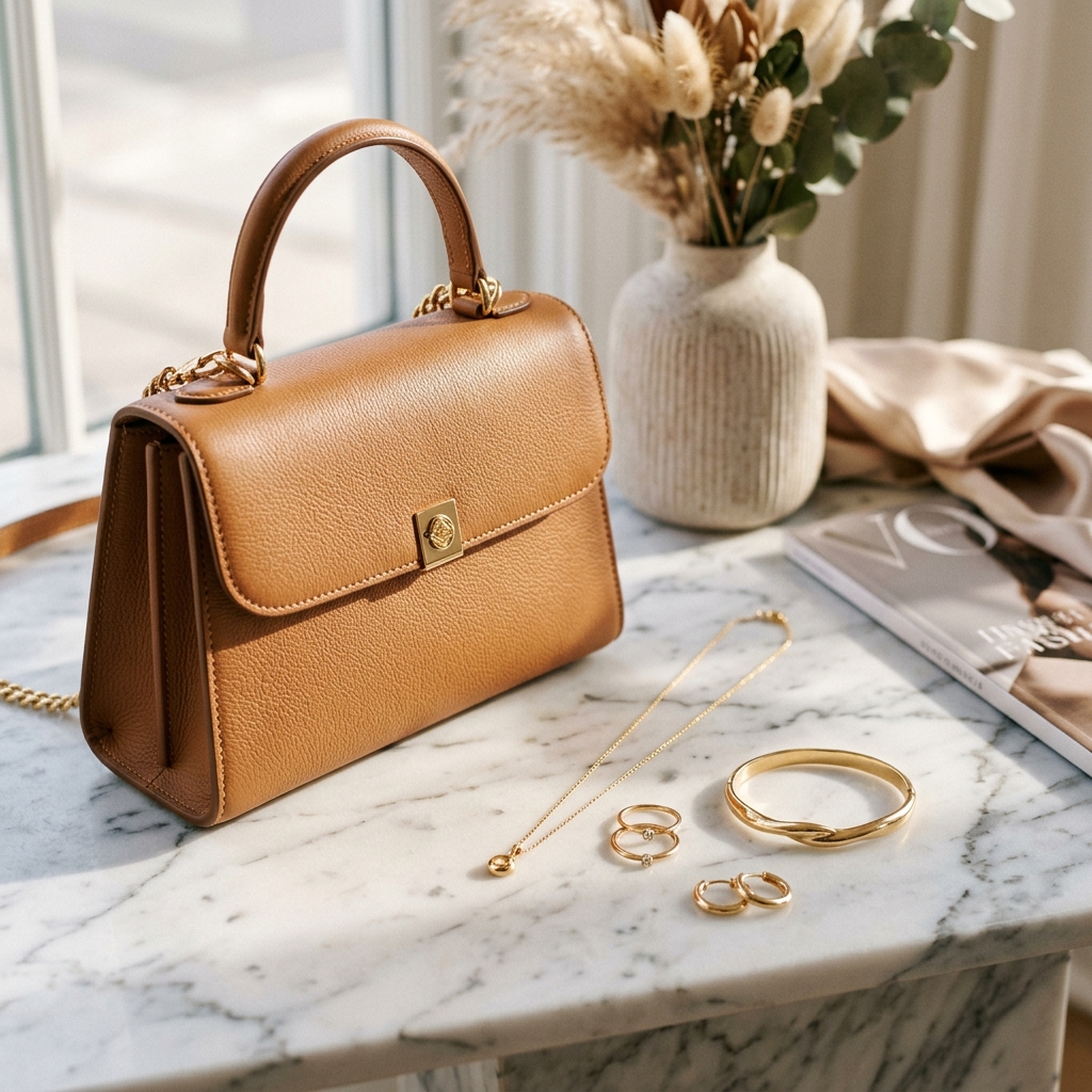 Acessórios de luxo, incluindo bolsa de couro e joias minimalistas da Madame Luxo