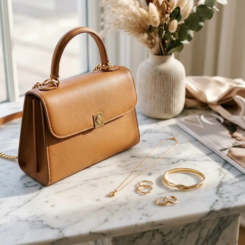 Acessórios de luxo, incluindo bolsa de couro e joias minimalistas da Madame Luxo